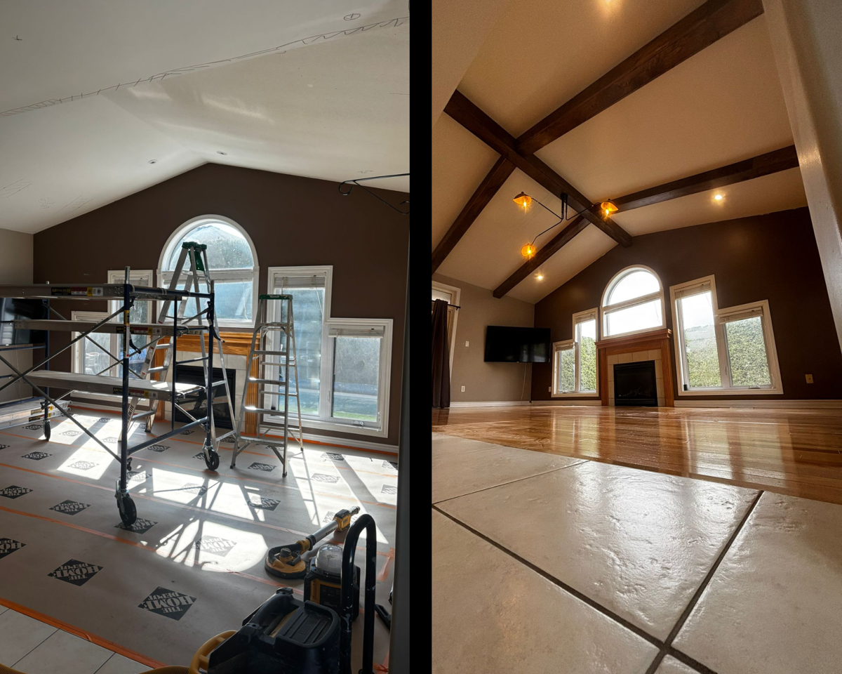 Great room renovation before and after — vaulted ceiling with exposed beams