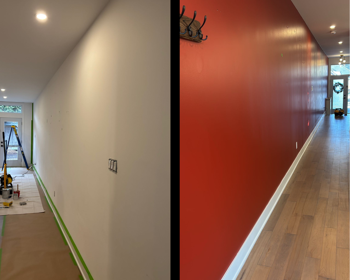 Hallway painting before and after — bold red accent wall