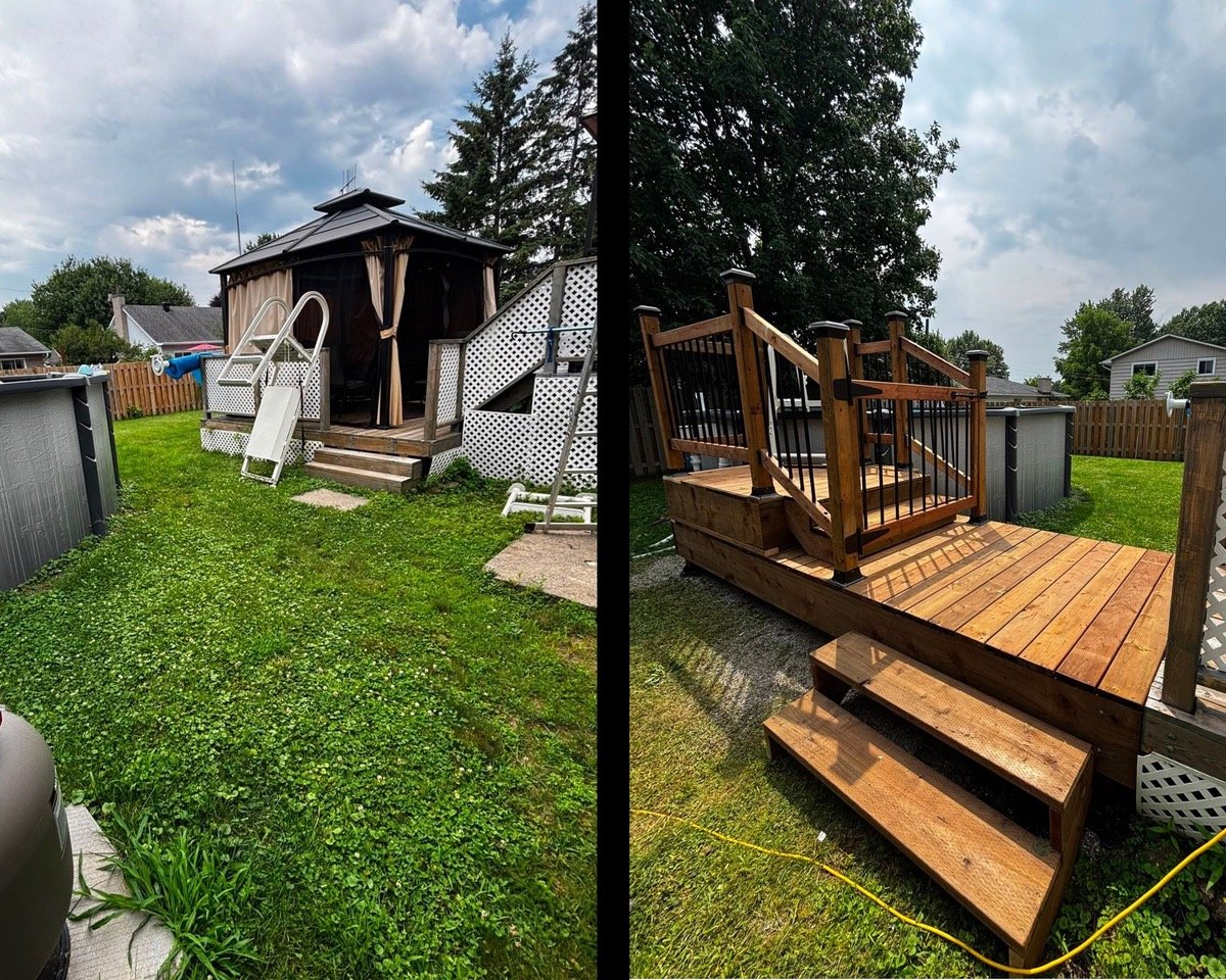 Deck extension connecting to above-ground pool