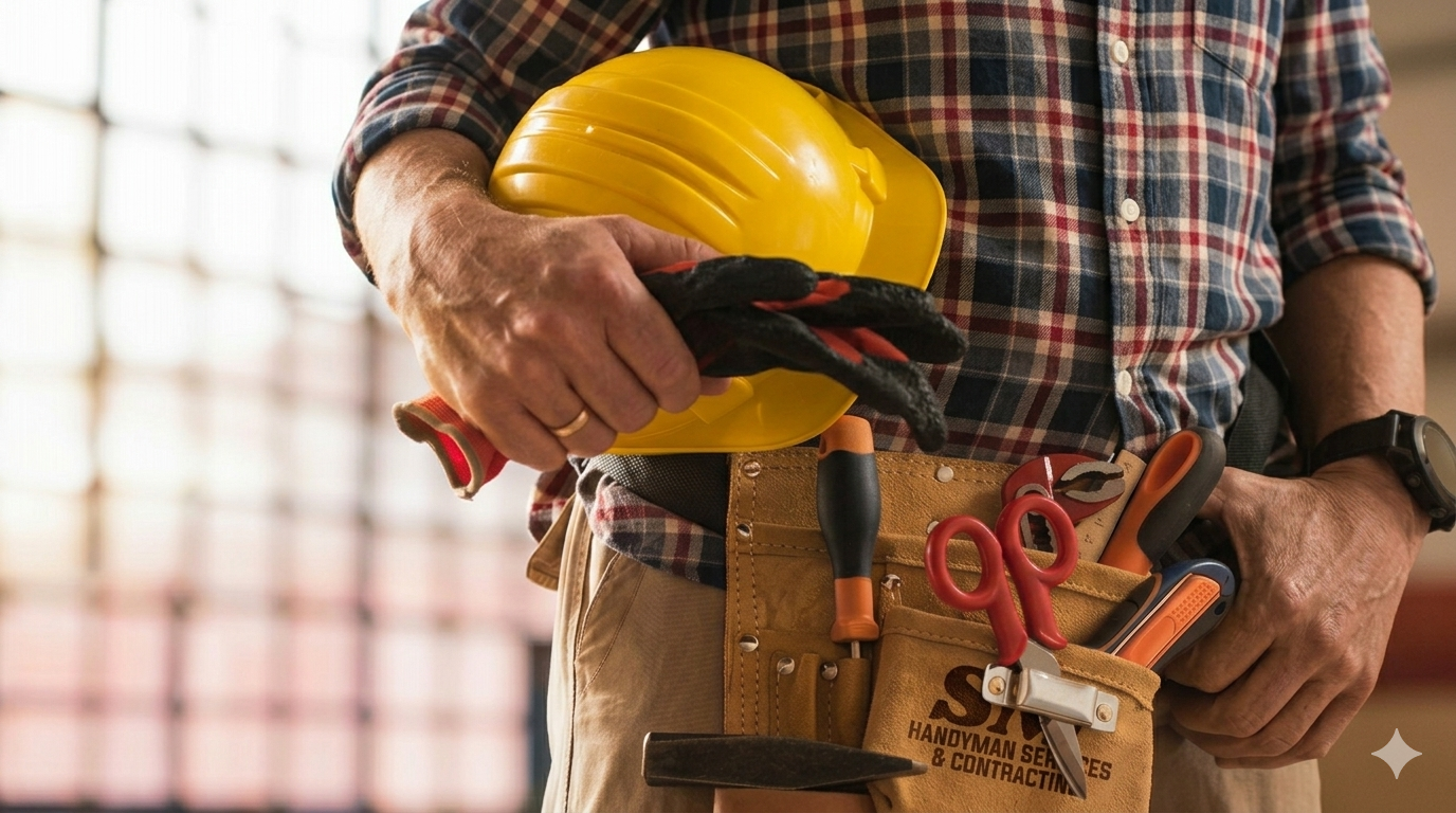 Contractor with tool belt and hard hat